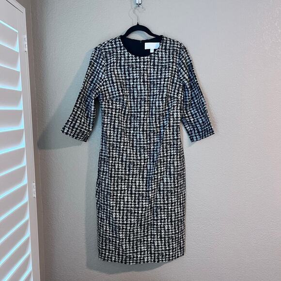 Hugo Boss Women's "Decka1" Black and White Houndstooth 3/4 Plaid Pencil Dress 10 - Picture 3 of 10